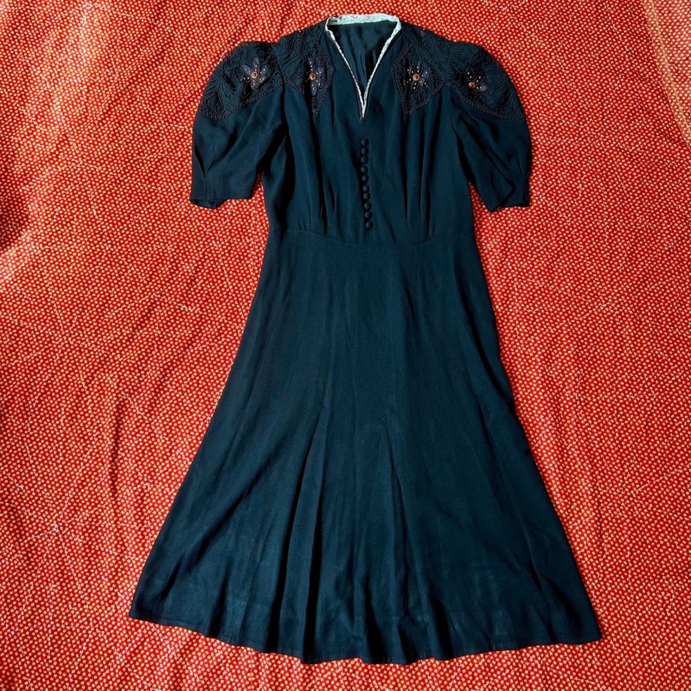 Antique 1930s 1940s Black Crepe Midi Dress Embroidered Shoulders Side Zip